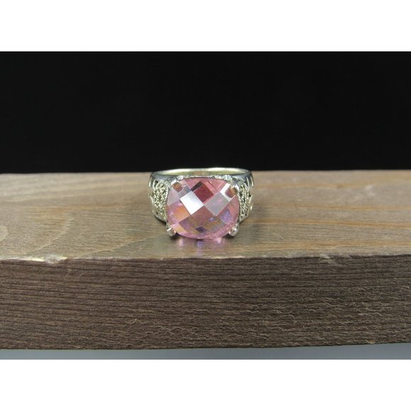 Size 5.5 Sterling Silver Pink Cubic Zirconia And Marcasite Stone Band Ring - Picture 1 of 9